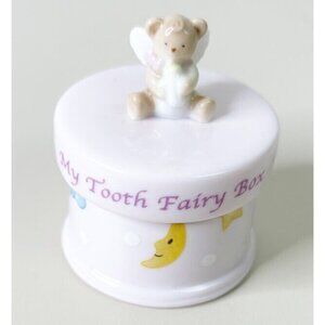 My Tooth Fairy Box Pink -Porcelain Teddy With Wings Lidded Box For Teeth EUC